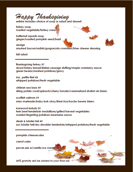 Ironwood Cafe Thanksgiving menu